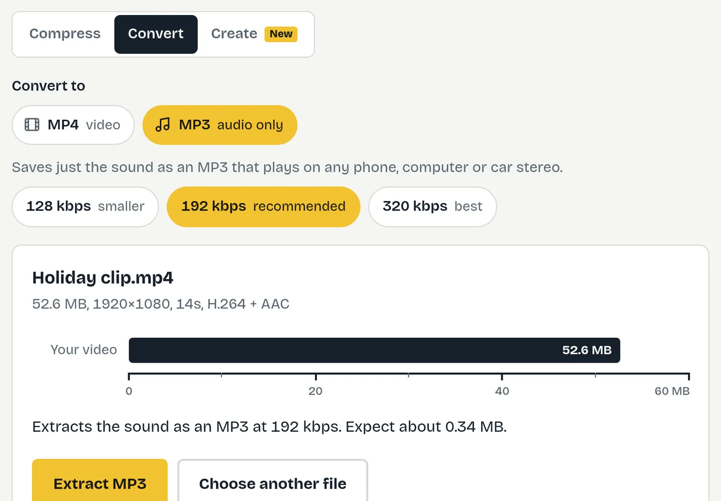 The Convert tool with MP3 selected at 192 kbps and the expected MP3 size shown