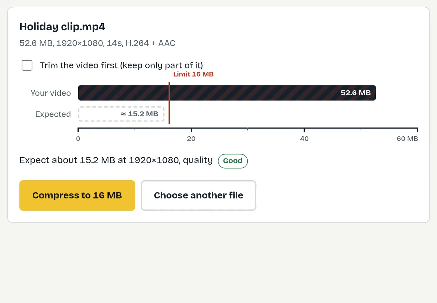 FitVideo showing a video against the size limit with the expected size and quality